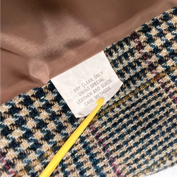 Vintage International Scene Wool Glen Plaid Suede Leather Lapel Blazer Women 14 - Picture 11 of 16